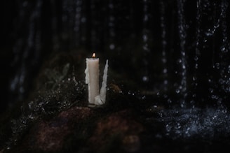 A softly glowing candle nestled among smooth stones and eucalyptus leaves, evoking calm and tranquility.