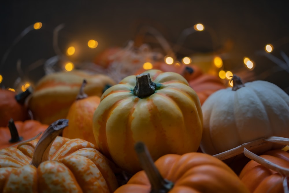 a group of pumpkins with lights in the background