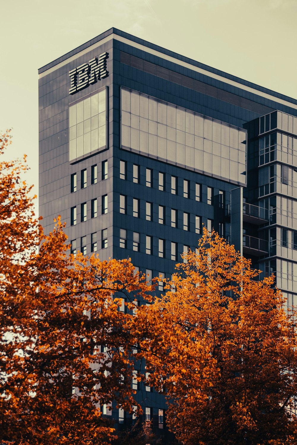 un edificio alto con alberi di fronte ad esso