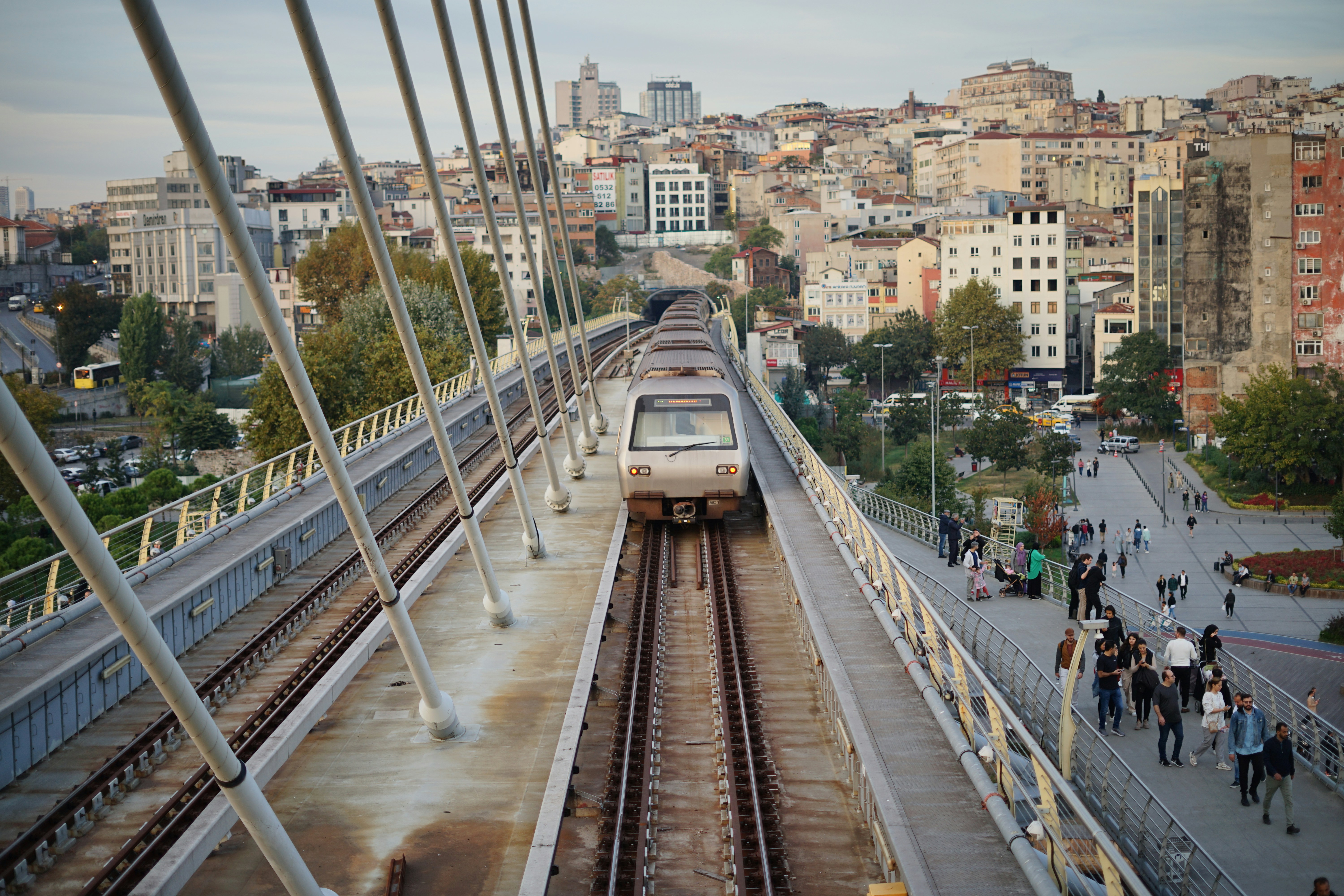 a train travels down the tracks