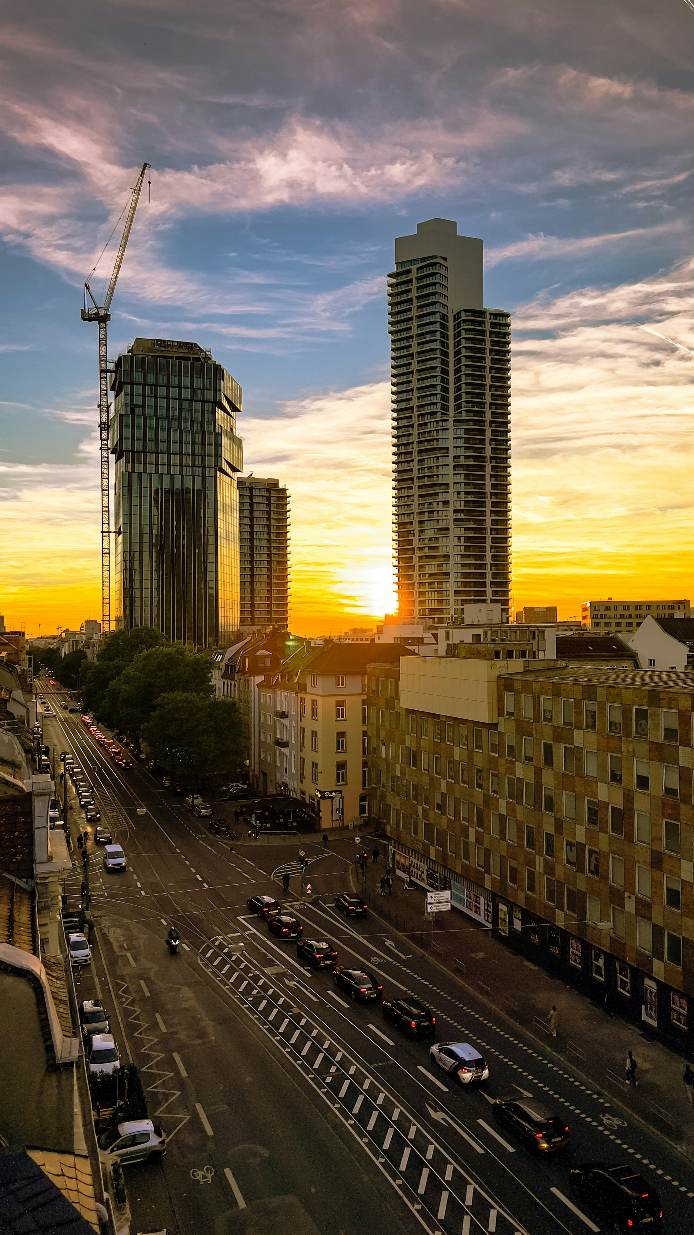 a city street with tall buildings