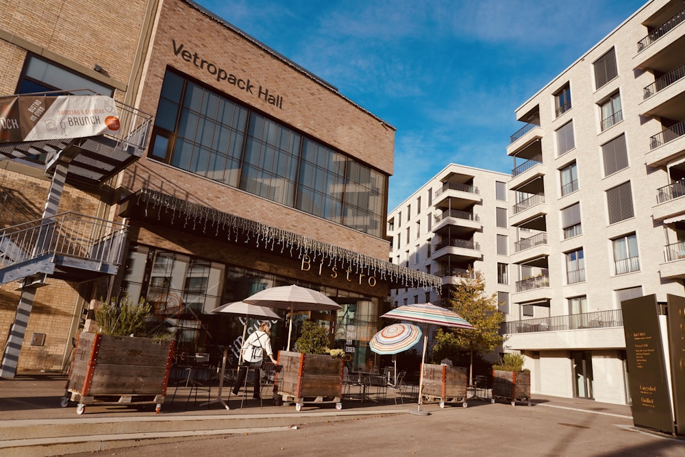 a building with umbrellas