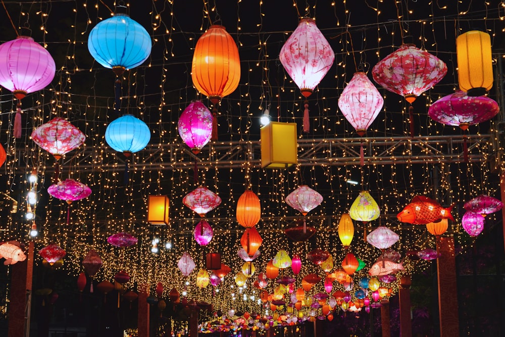 a wall with lanterns from it