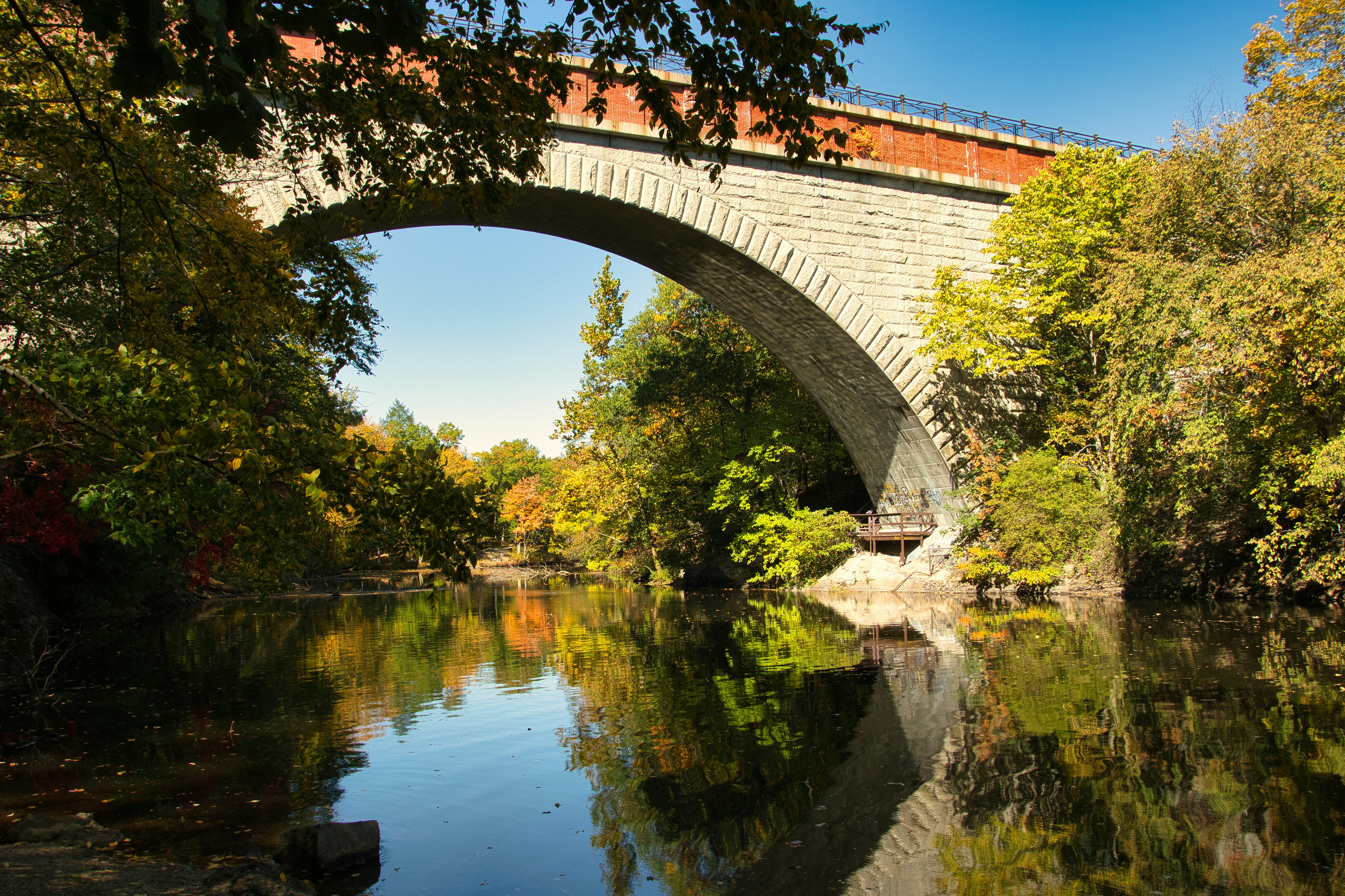 a bridge over a river, Echo Bridge Aqueduct on the Charles River