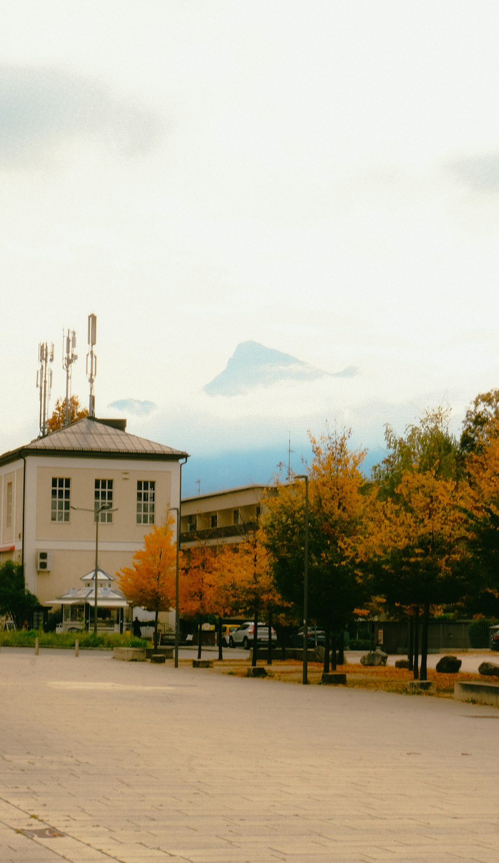 a building with trees in front of it and a mountain in the background