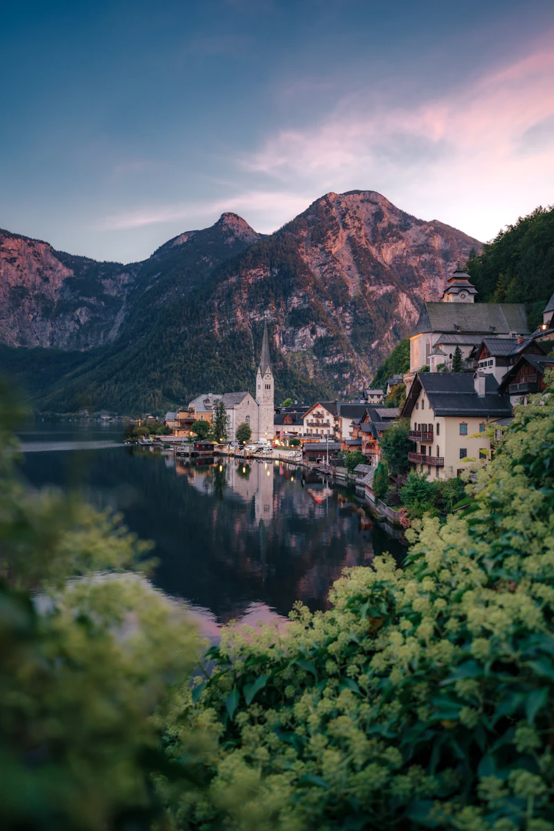 Hallstatt village and church across the lake