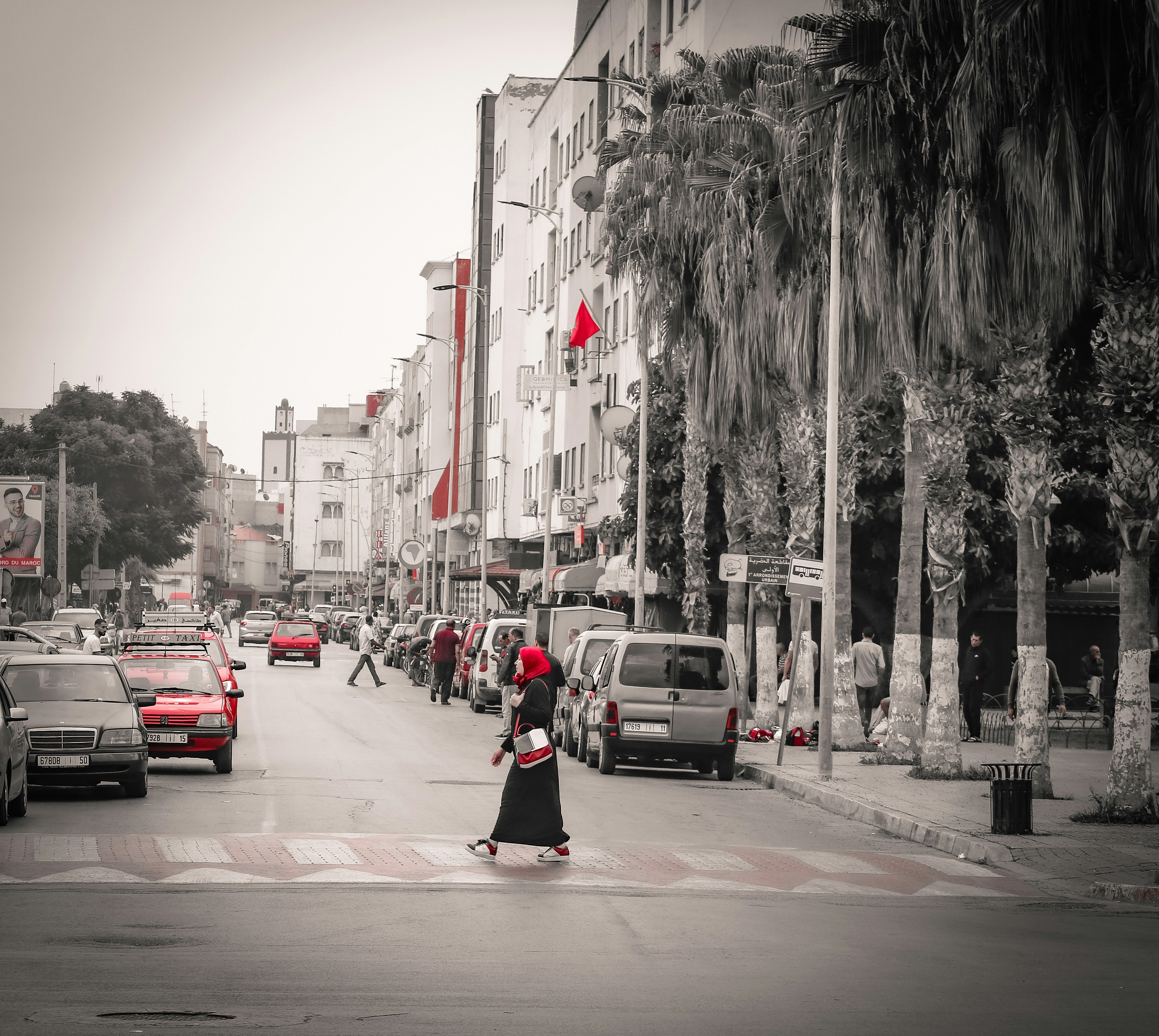 a person walking on a street with cars and trees on the side