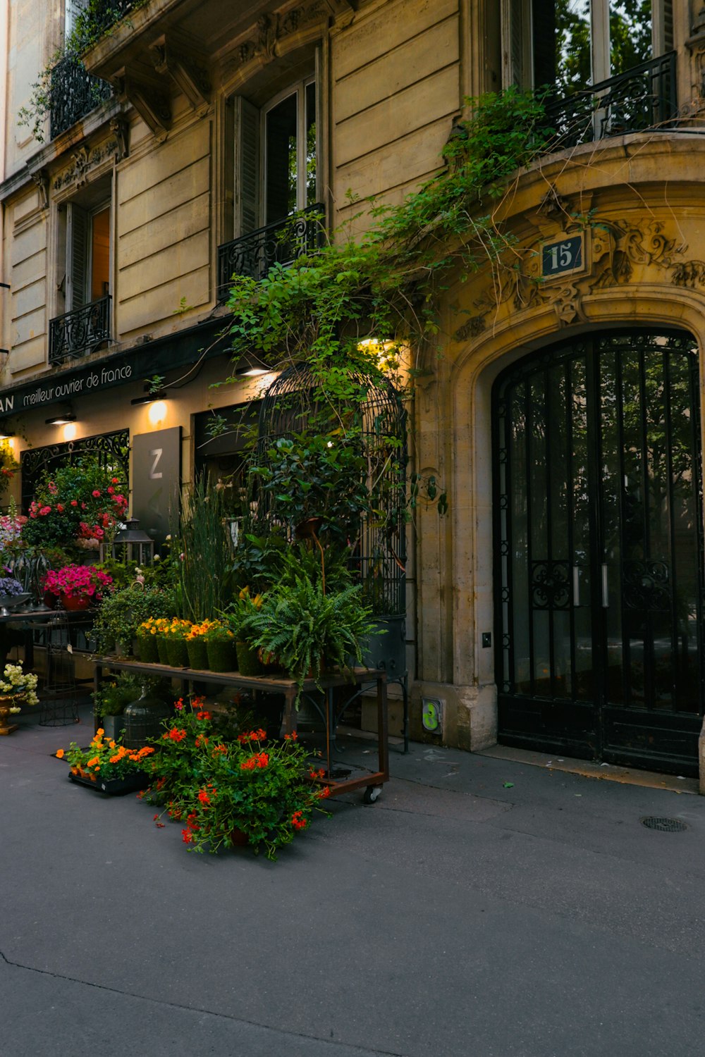 a street with flowers and plants on it