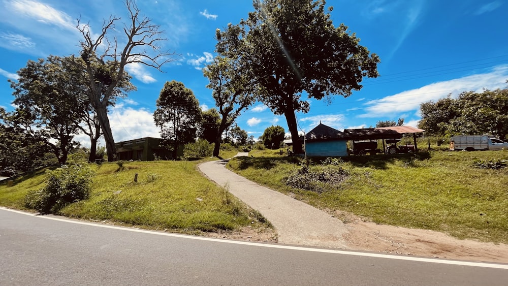 a road with grass and trees on the side