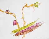 Abstract watercolor painting with swirls and splashes of vibrant colors, featuring flowing yellow-orange lines intertwined with heart-shaped elements in green, purple, and brown shades.