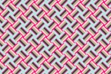 A geometric pattern consisting of interlocking squares and rectangles in vibrant colors. The design features a repetitive arrangement with a prominent use of pink lines creating diamond shapes, while various shades of beige, brown, and black fill the vertical and horizontal stripes within these shapes. The background is a soft cyan, providing a striking contrast to the bold pattern.