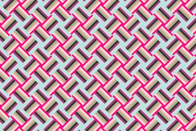 A geometric pattern consisting of interlocking squares and rectangles in vibrant colors. The design features a repetitive arrangement with a prominent use of pink lines creating diamond shapes, while various shades of beige, brown, and black fill the vertical and horizontal stripes within these shapes. The background is a soft cyan, providing a striking contrast to the bold pattern.