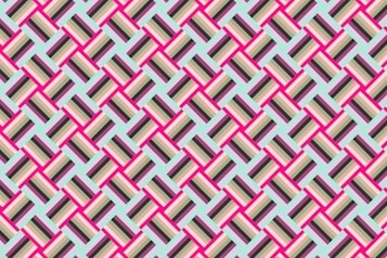 A geometric pattern consisting of interlocking squares and rectangles in vibrant colors. The design features a repetitive arrangement with a prominent use of pink lines creating diamond shapes, while various shades of beige, brown, and black fill the vertical and horizontal stripes within these shapes. The background is a soft cyan, providing a striking contrast to the bold pattern.