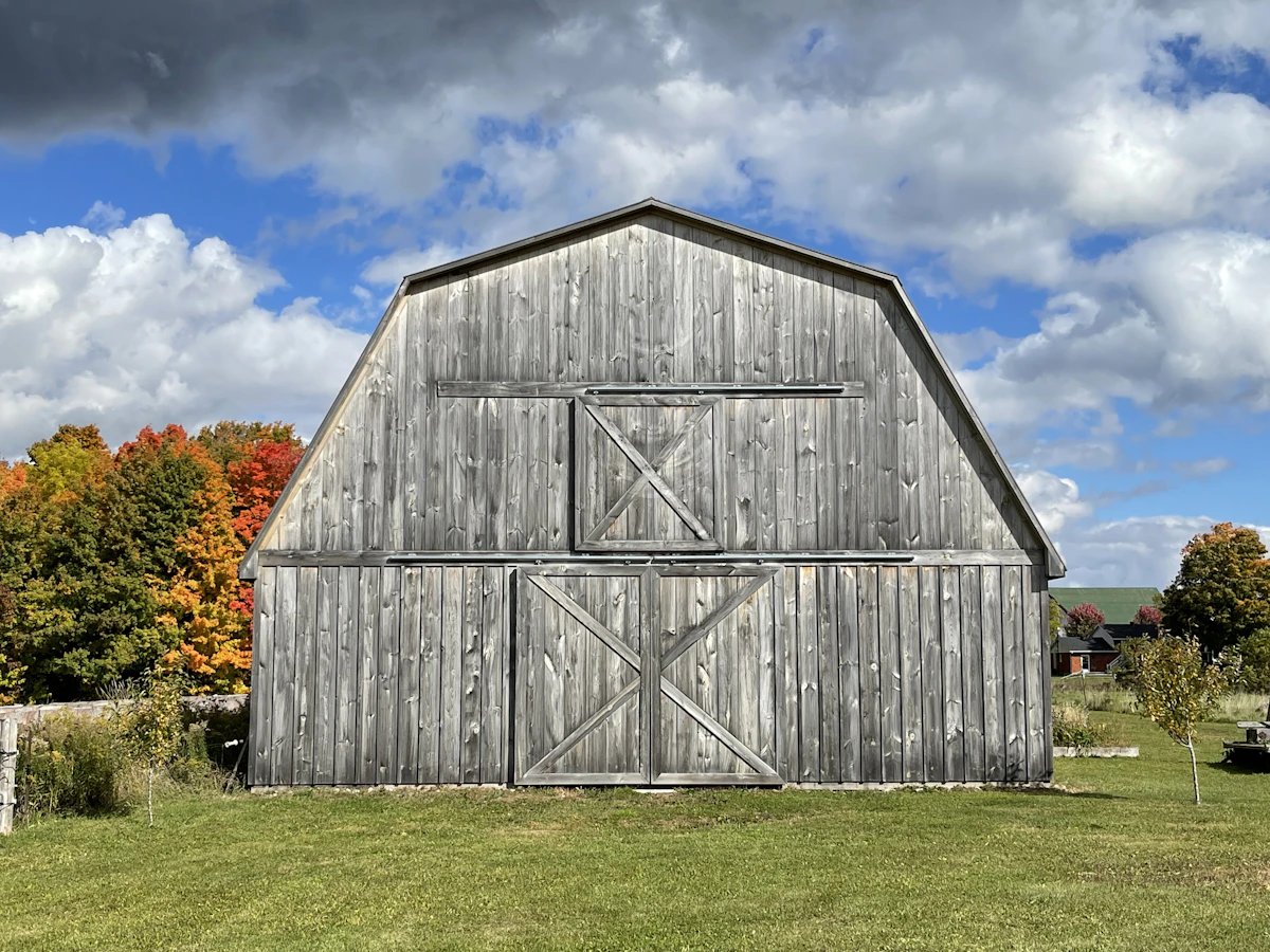 Weathered gray barn under a blue sky with fall trees