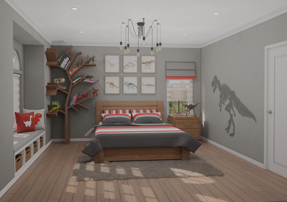 a bedroom with a bed and bookshelves