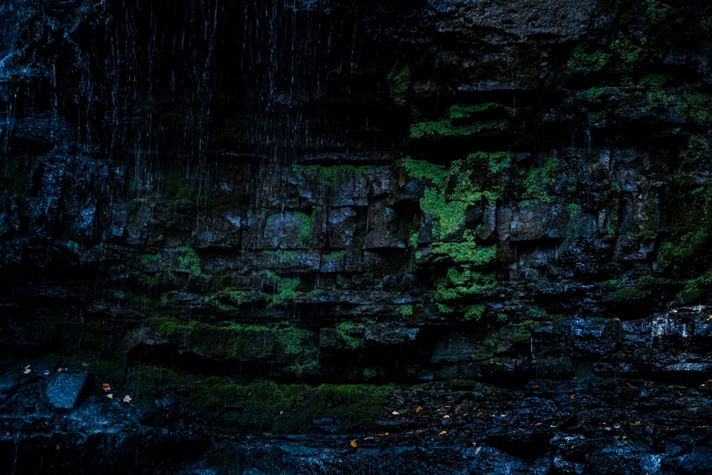 a stone wall with moss growing on it