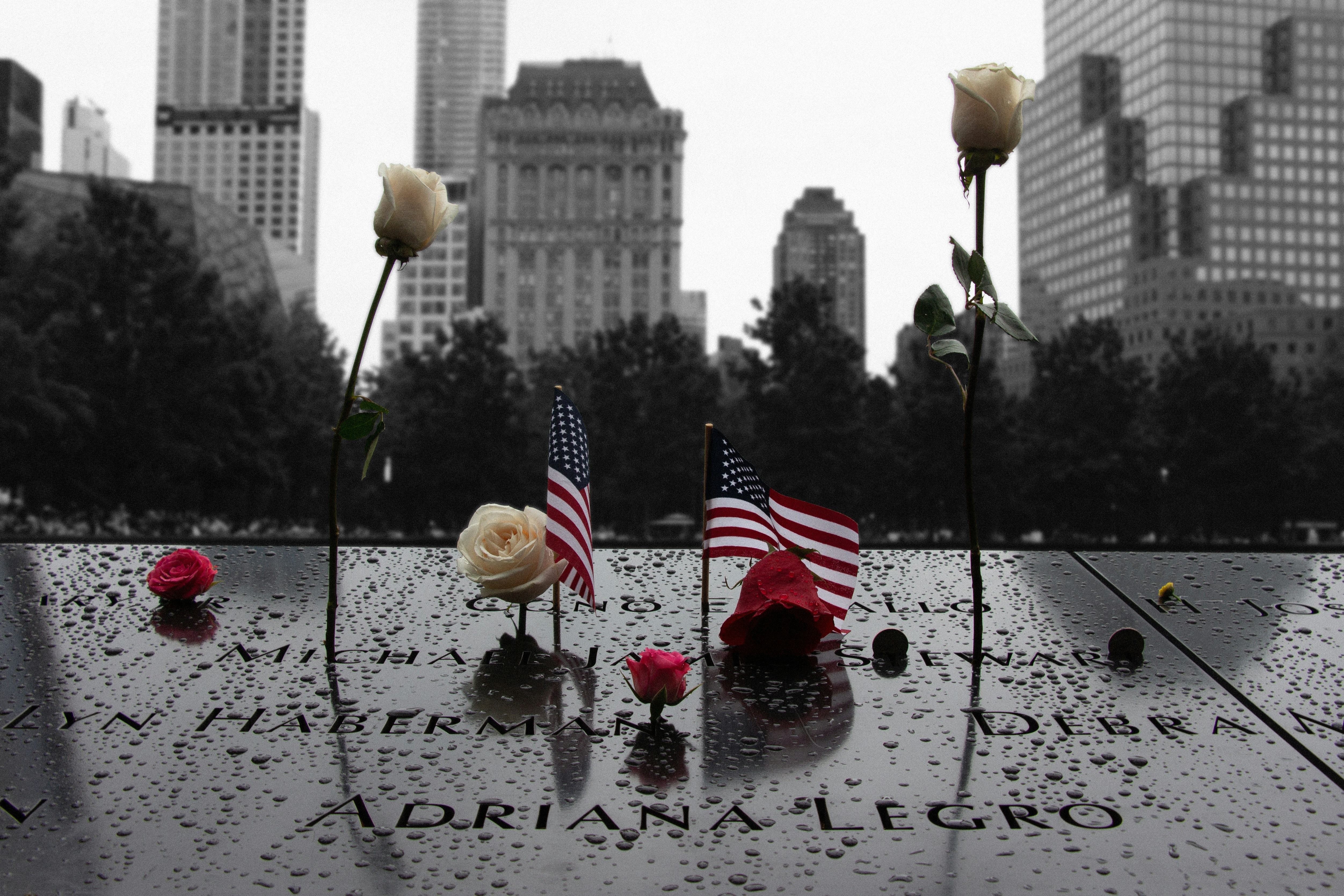 a group of flags on a stone surface with flowers and a city in the background