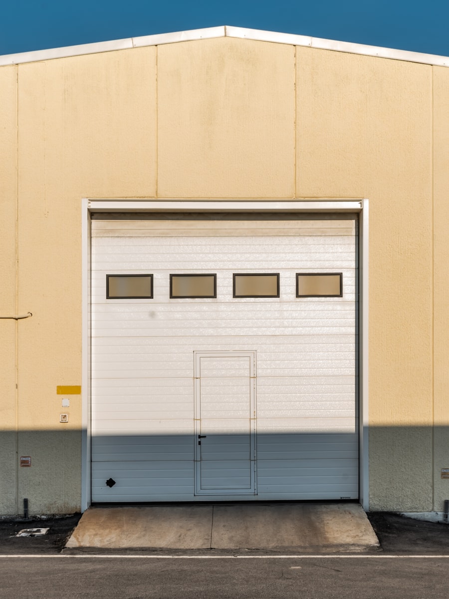 Garage door with a paneled window, closed