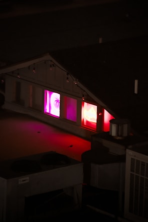 A rooftop party scene with people rocking nocturna apparel against a city skyline at night.