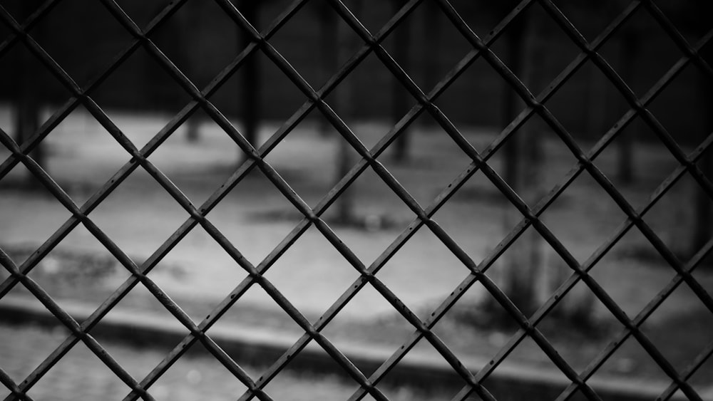 a black and white photo of a chain link fence