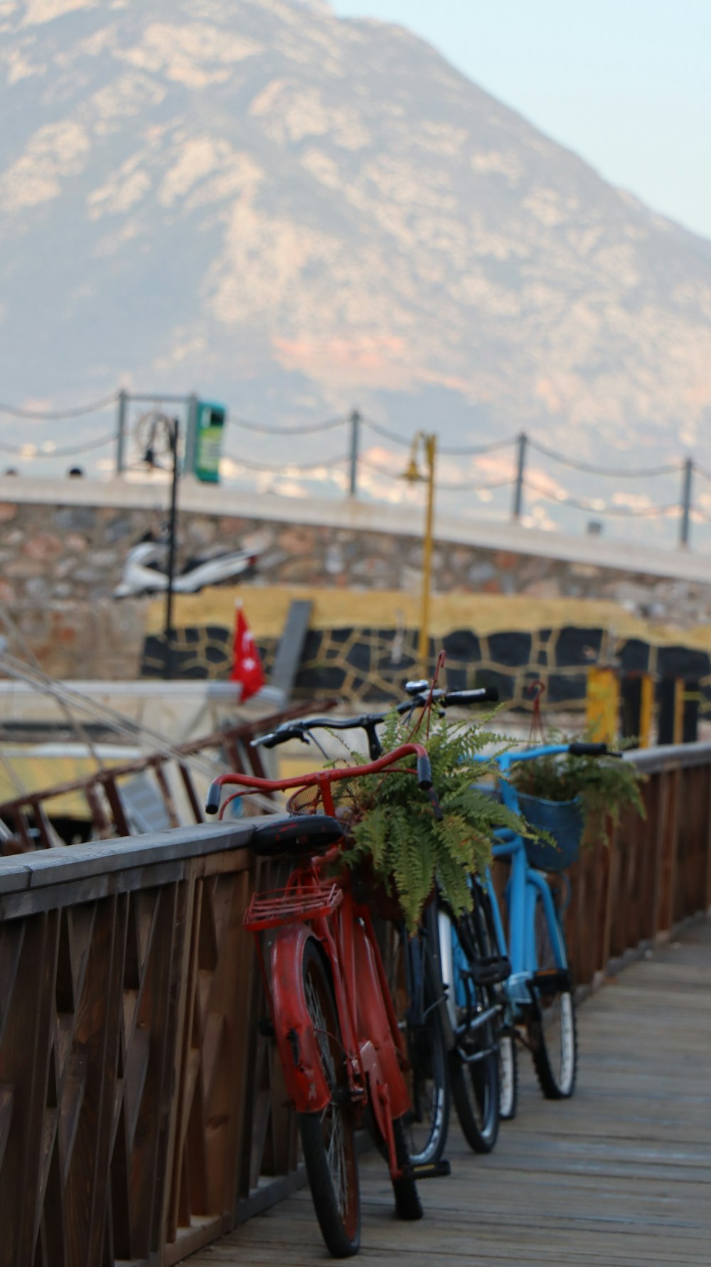 bicycles parked on a bridge