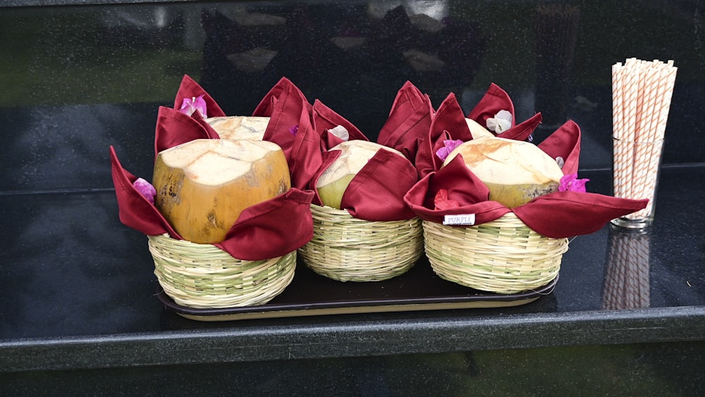 a group of baskets with food in it