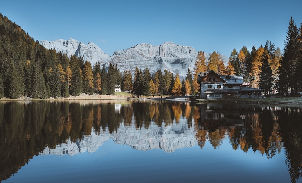 a lake with trees and mountains in the background