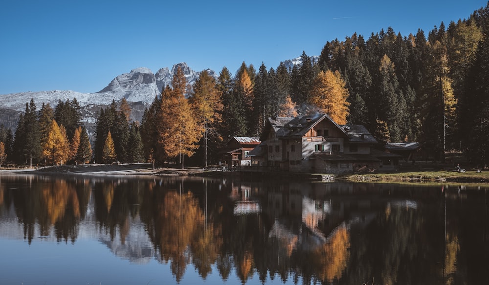a house by a lake with trees and mountains in the background