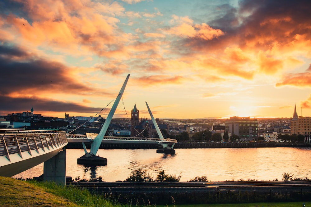 a bridge over a body of water with a city in the background