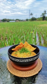 A bowl of noodles topped with fried dumplings and green garnish sits on a woven mat on a glass table. The background features a lush green rice field extending into the distance under a partly cloudy sky.