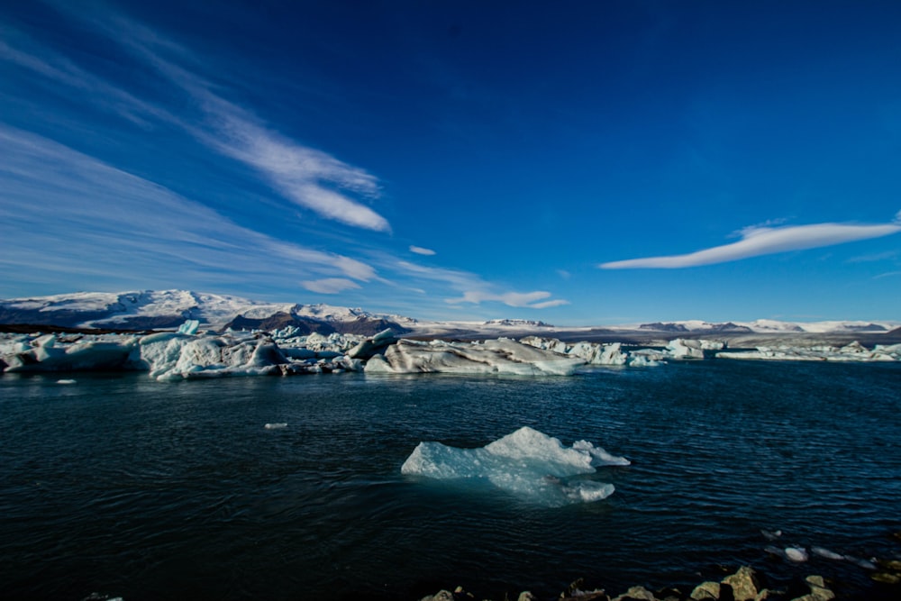 Ein Gewässer mit Eisbergen darin und blauem Himmel