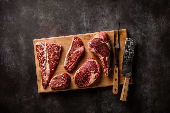 Raw steaks portioned on a wooden board