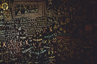 A chaotic chalkboard filled with various symbols, numbers, and text related to hacking. Words like 'HACKER', 'ATTACK', and 'UPLOAD' are prominently visible amidst a jumble of codes and cryptic symbols. The board conveys an atmosphere of mystery and complexity, reminiscent of a hacker's workspace.