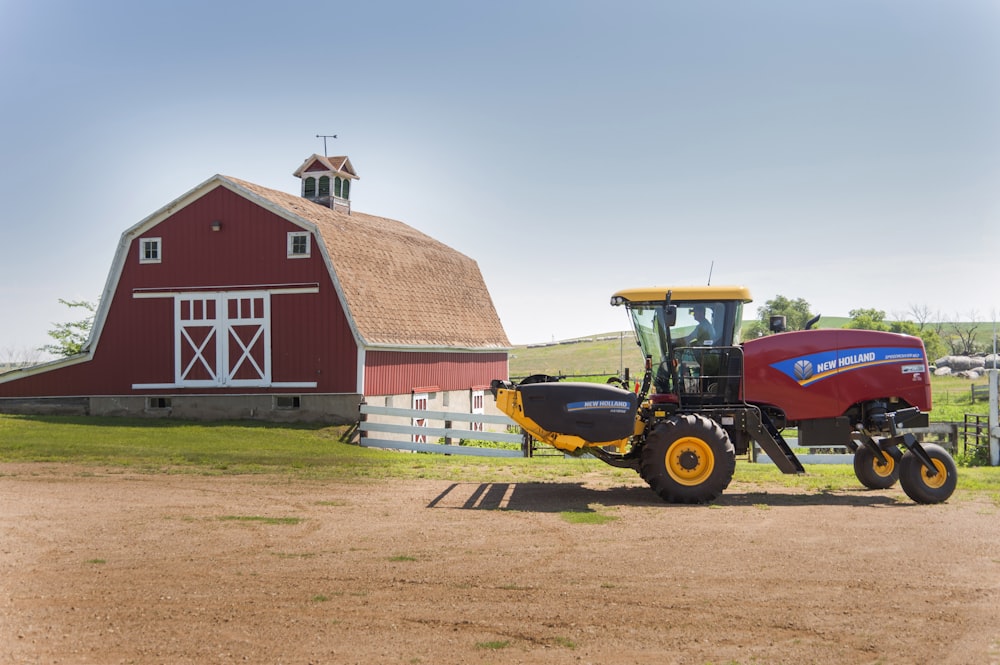 a tractor parked in front of a church