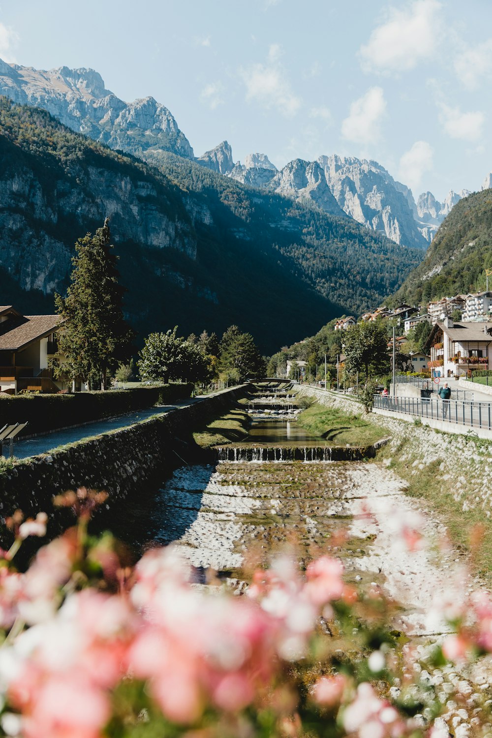 a river with a bridge and mountains in the background