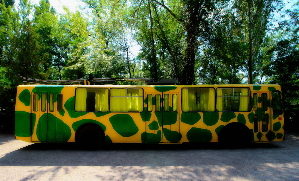 a yellow bus parked in a parking lot