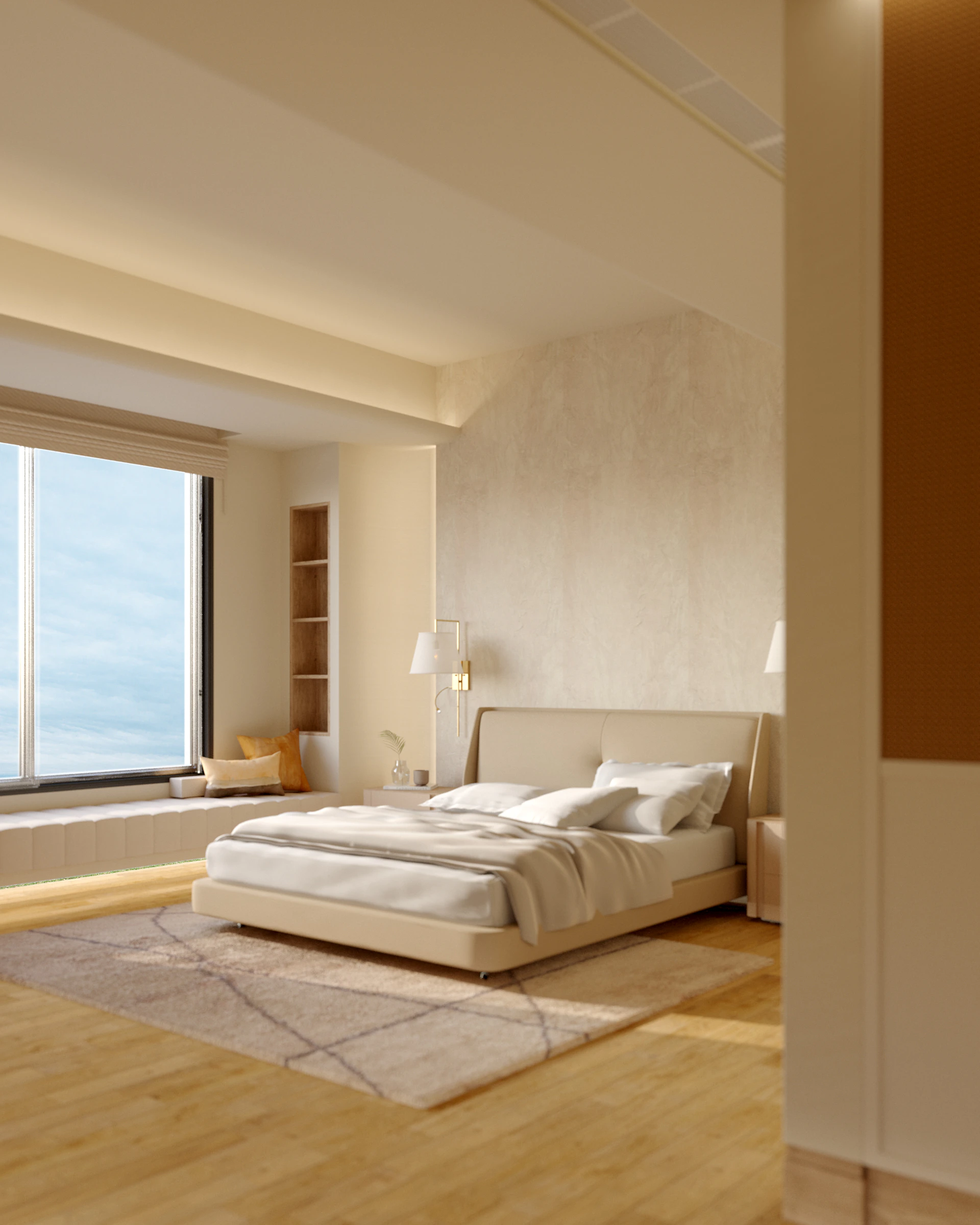 a bedroom with a large window