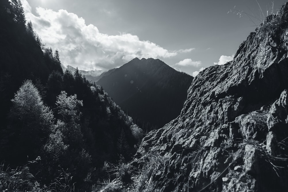 a mountain with trees and clouds