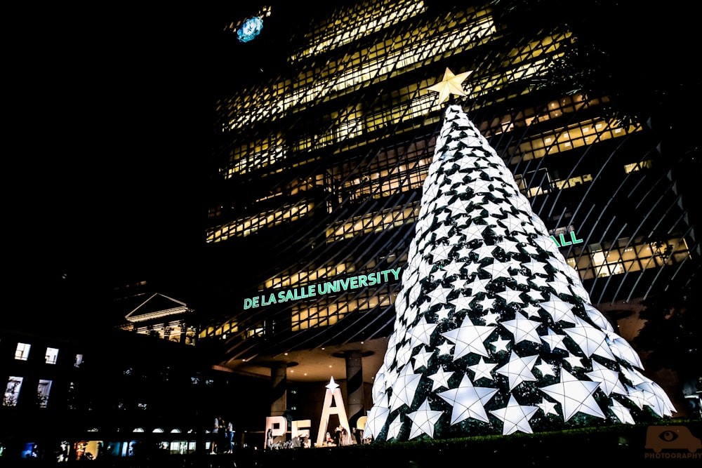 a large christmas tree with lights