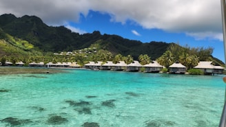 Overwater bungalows line a tranquil lagoon with crystal-clear turquoise water, surrounded by lush green mountains under a partly cloudy sky. Palm trees dot the shoreline, adding to the tropical setting.