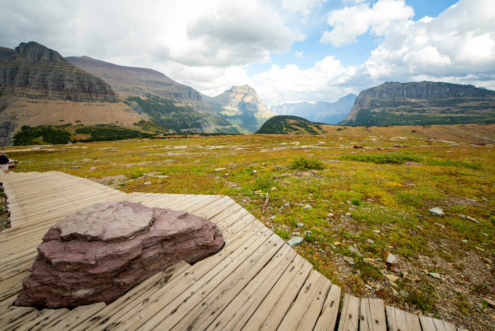 Wooden deck with a sweeping mountain view in the background