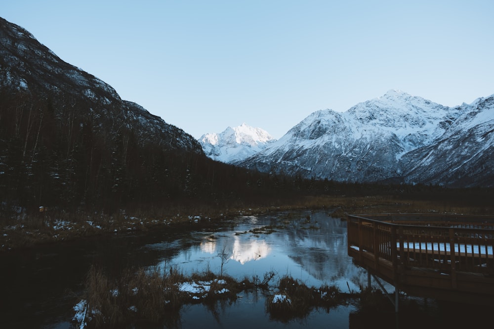 a lake with mountains in the background