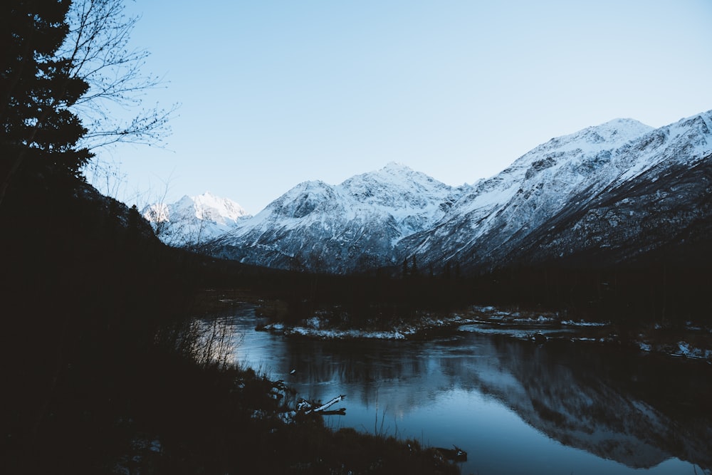 a lake surrounded by snow covered mountains