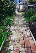 a brick path with plants and a fence