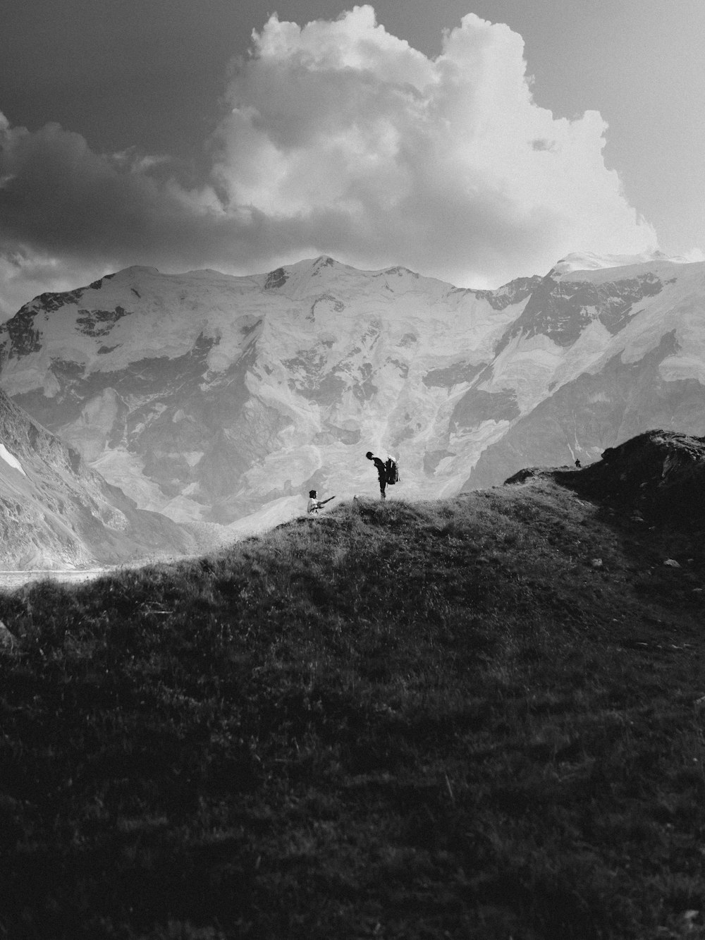 a person and a dog on a mountain