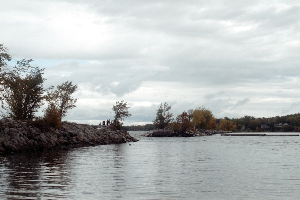 a body of water with trees and rocks around it