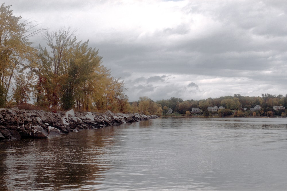 a body of water with trees and rocks around it