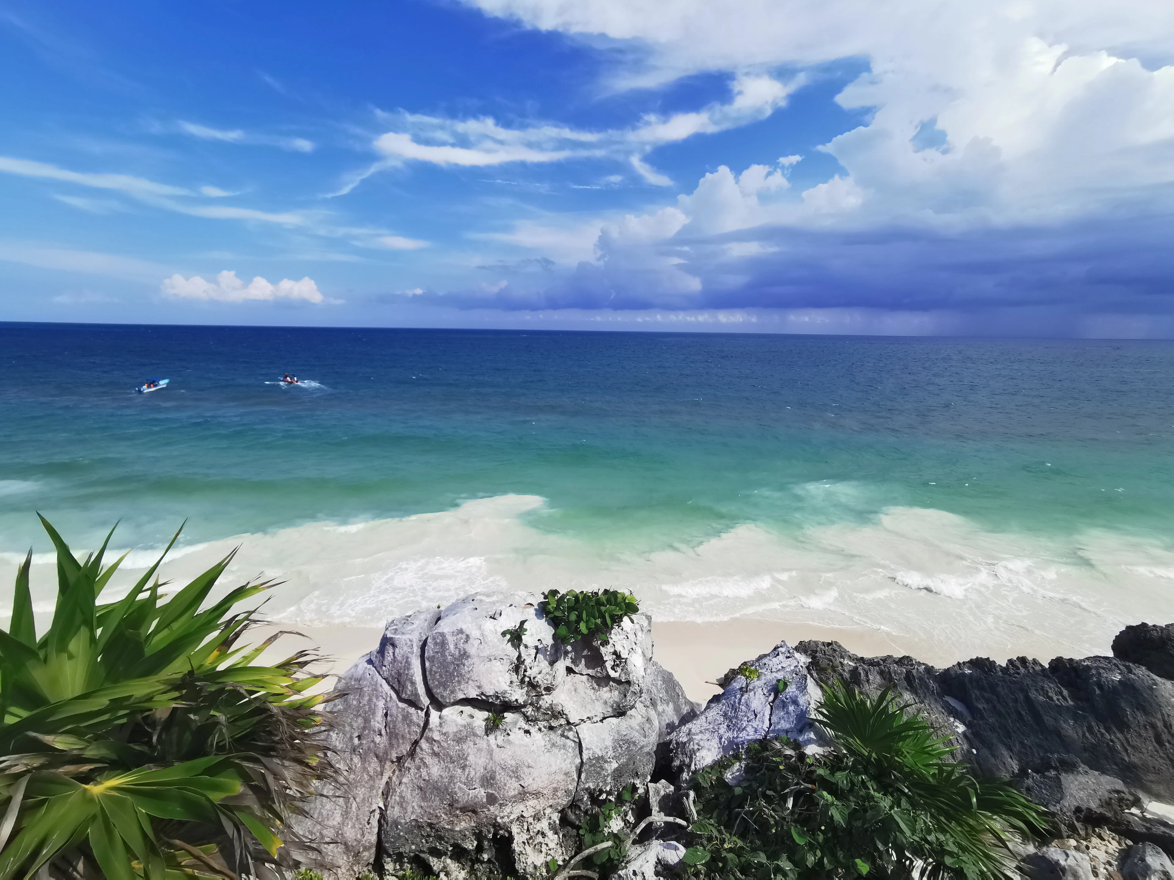 The Caribbean shore of the Riviera Maya, dark rocks in the surf and agave along the low cliff