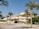 A modern architectural structure with a unique, curved design resembling desert rose formations. Palm trees are positioned in the foreground amidst a clear blue sky, adding a touch of greenery to the scene.