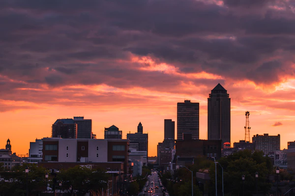 Downtown Des Moines, Iowa skyline at sunset